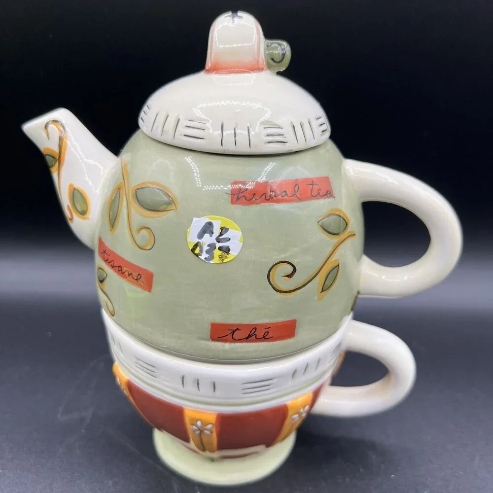 Collectible Tea For One Set Teapot Teacup Stackable Joie de Vivre pattern by MSC